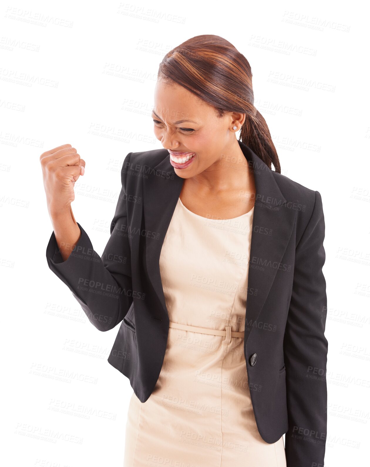 Buy stock photo Happy black woman, fist pump and celebration in promotion, winning or bonus isolated on a transparent PNG background. Excited African female person smile in happiness, victory success or good news