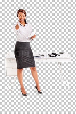 Buy stock photo Woman, call center and thumbs up for communication success, thank you or support portrait. Corporate consultant or African person, job excellence and like emoji isolated on PNG transparent background