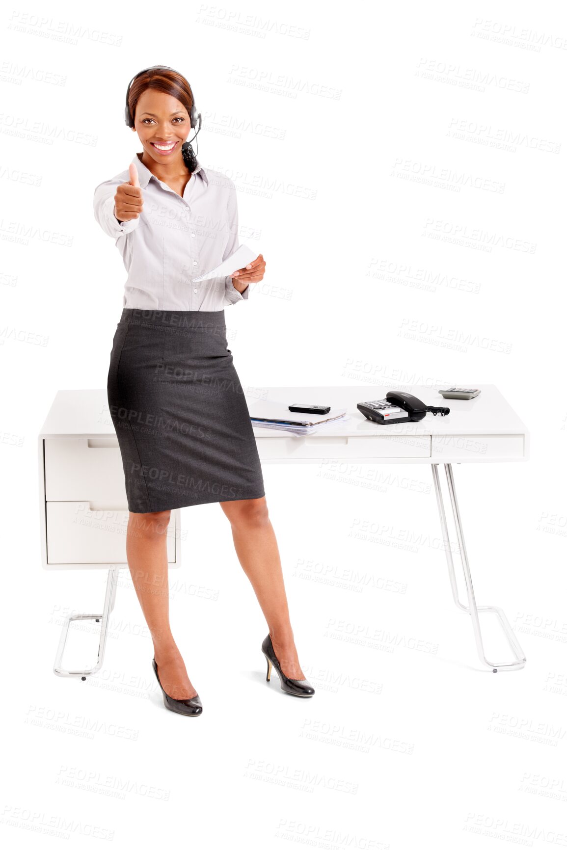 Buy stock photo Woman, call center and thumbs up for communication success, thank you or support portrait. Corporate consultant or African person, job excellence and like emoji isolated on PNG transparent background