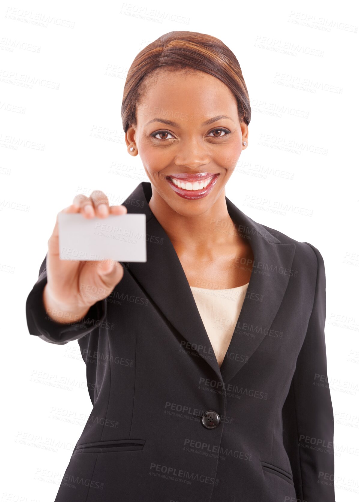 Buy stock photo Happy black woman, portrait and business card for contact us or information isolated on a transparent PNG background. African female person smile with paper, list or sign in advertising or marketing