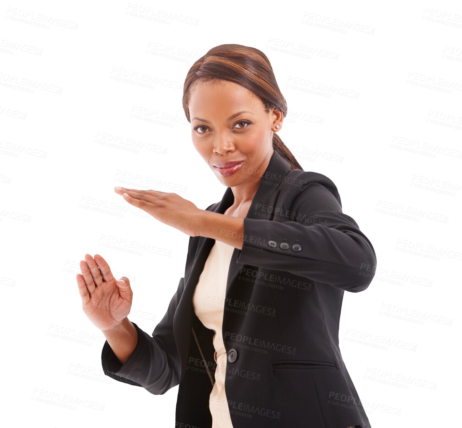 Buy stock photo Karate, funny and business black woman being goofy, silly and isolated in a transparent or png background. Comedy, joke and African corporate employee ready for fight action with hands in Nigeria