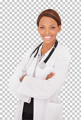 Buy stock photo Happy black woman, portrait and doctor with arms crossed isolated on a transparent PNG background. African female person, medical or healthcare professional smile in cardiology job or career ambition