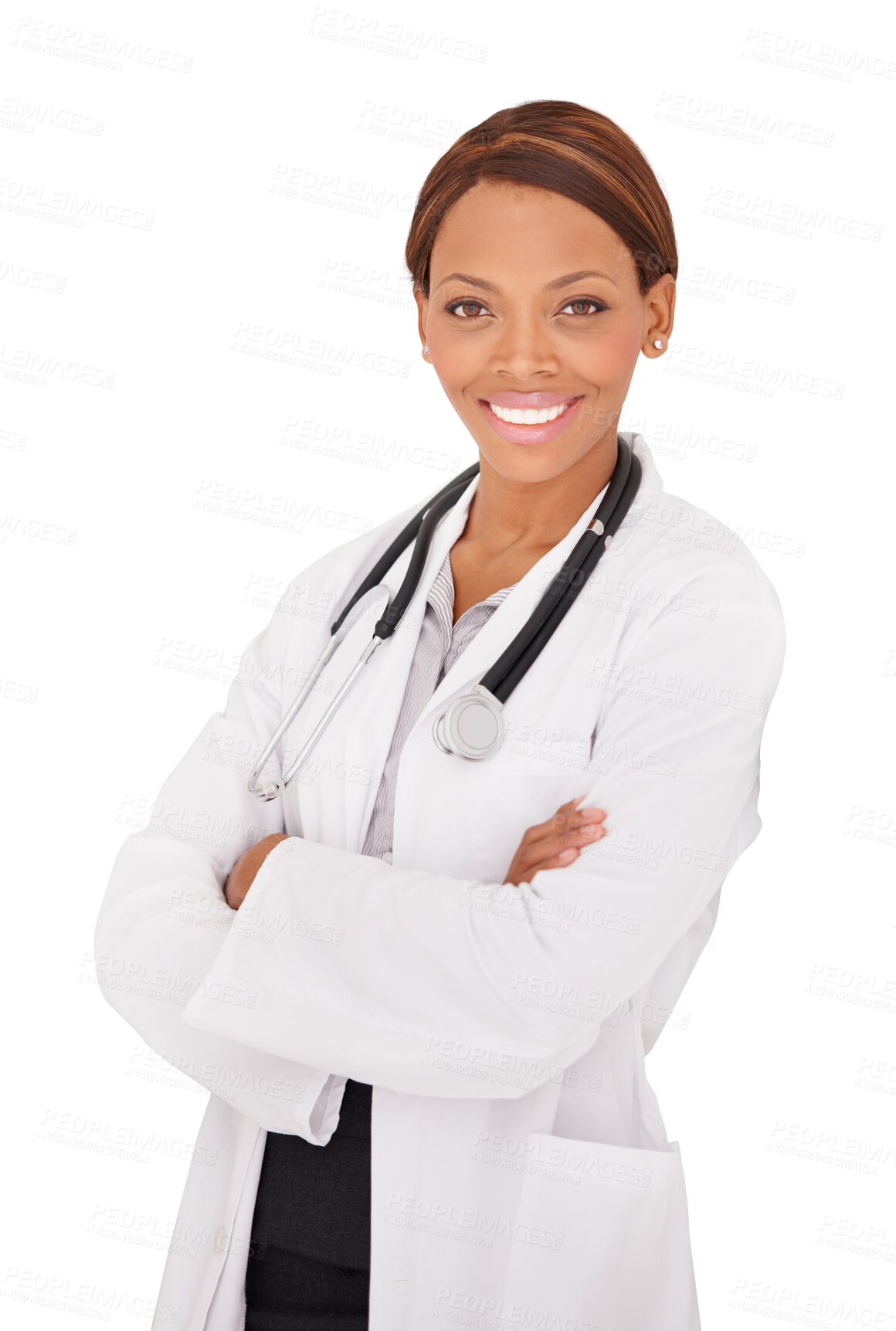 Buy stock photo Happy black woman, portrait and doctor with arms crossed isolated on a transparent PNG background. African female person, medical or healthcare professional smile in cardiology job or career ambition