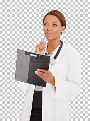 Buy stock photo Thinking, doctor or black woman with checklist for hospital schedule, planning or healthcare ideas. Solution, nurse or medical report documents on clipboard isolated on transparent png background