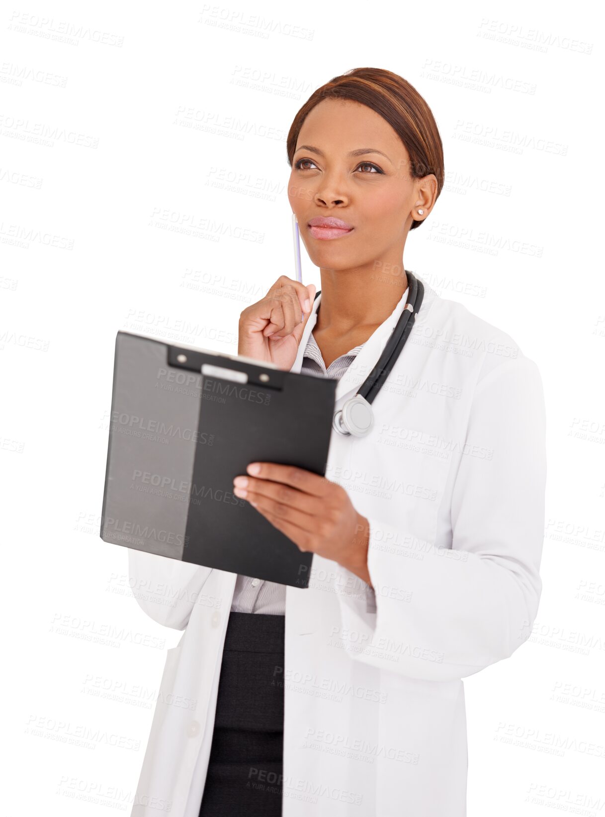 Buy stock photo Thinking, doctor or black woman with checklist for hospital schedule, planning or healthcare ideas. Solution, nurse or medical report documents on clipboard isolated on transparent png background