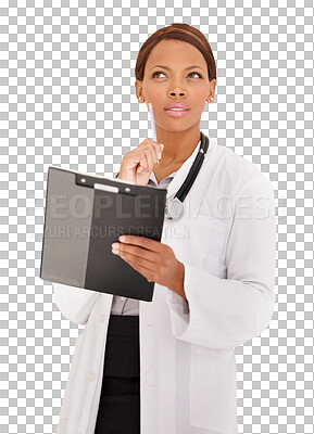 Buy stock photo Doctor, woman thinking and checklist for healthcare solution, idea or remember information. African person or nurse with medical document or clipboard planning isolated on PNG, transparent background