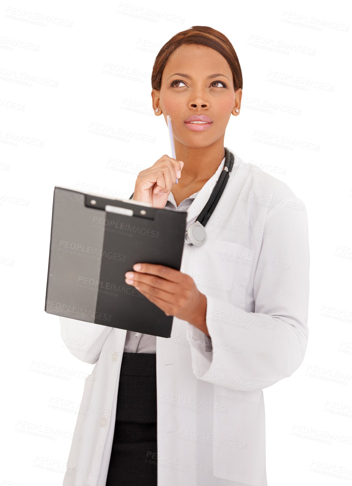 Buy stock photo Doctor, woman thinking and checklist for healthcare solution, idea or remember information. African person or nurse with medical document or clipboard planning isolated on PNG, transparent background