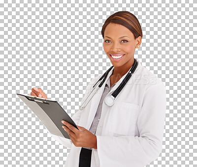 Buy stock photo Portrait, happy doctor and black woman with chart isolated on a transparent png background. Face, clipboard and African medical professional, worker smile or employee checklist in healthcare hospital