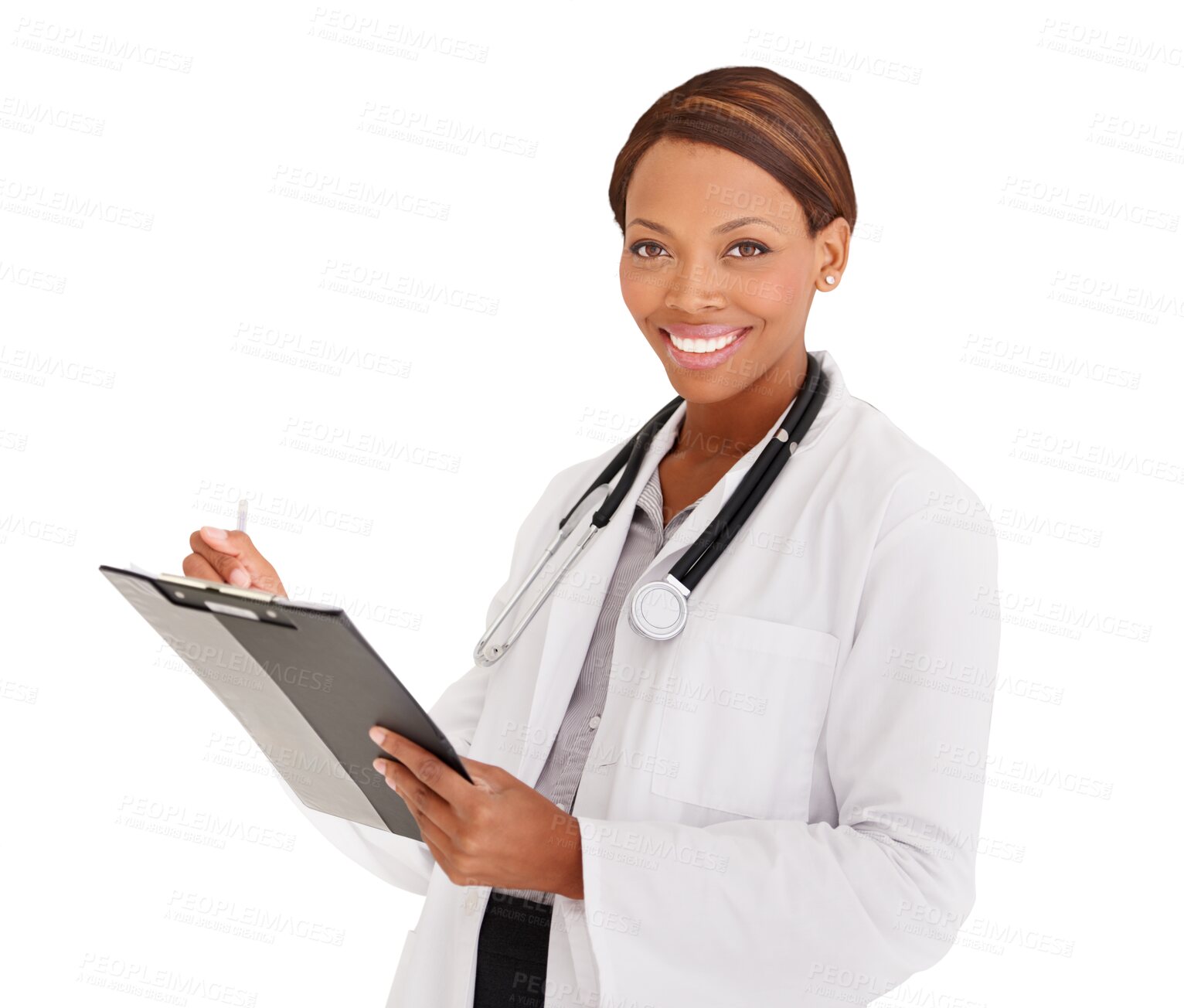 Buy stock photo Portrait, happy doctor and black woman with chart isolated on a transparent png background. Face, clipboard and African medical professional, worker smile or employee checklist in healthcare hospital