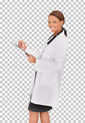 Buy stock photo Doctor, portrait and black woman with chart, smile and isolated on a transparent png background. Happy, clipboard and African medical professional, worker or employee checklist in healthcare hospital