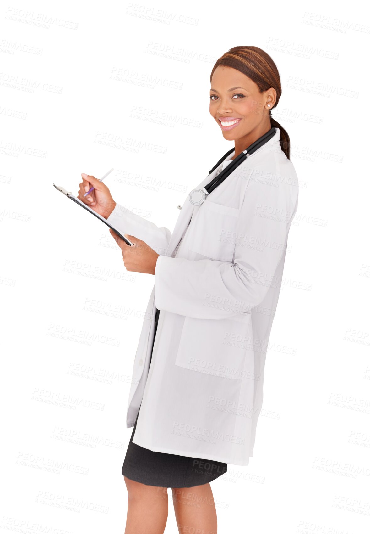 Buy stock photo Doctor, portrait and black woman with chart, smile and isolated on a transparent png background. Happy, clipboard and African medical professional, worker or employee checklist in healthcare hospital