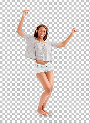 Buy stock photo Happy black woman, headphones and dancing listening to music isolated on a transparent PNG background. Portrait of African female person enjoying audio streaming, sound track or songs with headset