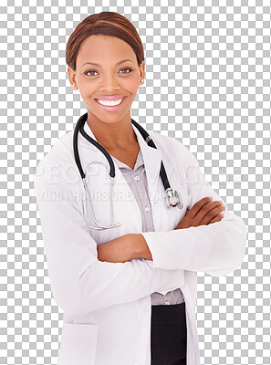 Buy stock photo Doctor, portrait and black woman with arms crossed, happy and isolated on a transparent png background. Face, confidence and African medical professional, healthcare surgeon and employee from Kenya