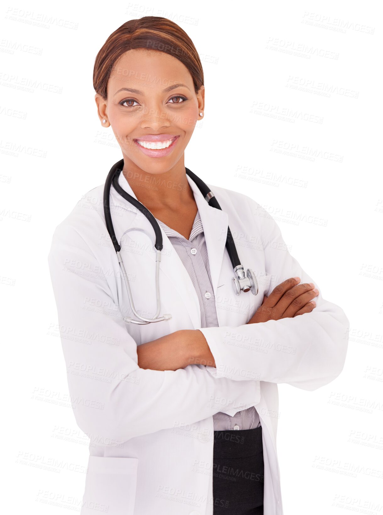 Buy stock photo Doctor, portrait and black woman with arms crossed, happy and isolated on a transparent png background. Face, confidence and African medical professional, healthcare surgeon and employee from Kenya