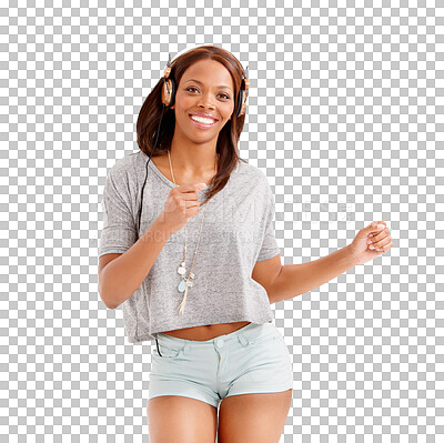 Buy stock photo Black woman, headphones and dancing listening to music isolated on a transparent PNG background. Portrait of happy African female person enjoying audio streaming, sound track or songs with headset