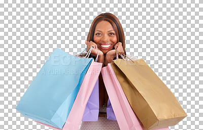 Buy stock photo Happy black woman, portrait and shopping bags in sale, discount or retail isolated on a transparent PNG background. African female person, shopper or customer smile in fashion for purchase or buying