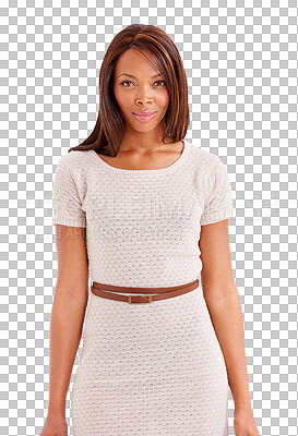 Buy stock photo Fashion, dress and portrait of black woman with confidence isolated on a transparent png background. Style, aesthetic and African person in formal clothes for party, celebration or event in Kenya