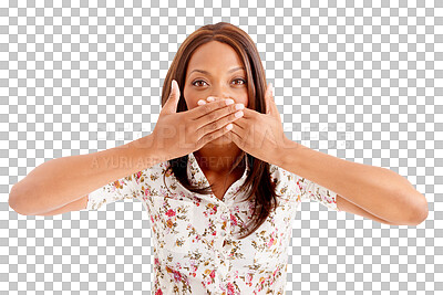 Buy stock photo Surprise, wow or portrait of black woman with hands on mouth isolated on transparent png background. Wtf, omg or mind blown face of African person worried or shocked by drama, news or gossip secret 