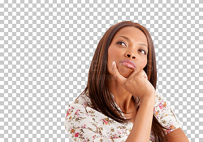 Buy stock photo African woman, fashion and thinking of ideas, vision or brainstorming decision, choice or planning. Person for solution, clothes inspiration or question emoji isolated on transparent, png background