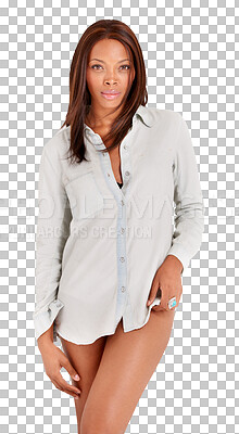 Buy stock photo Portrait, sexy and black woman with beauty, confident and model isolated on a transparent background. African lady, girl or female person with a shirt, beautiful and casual with fashion, style or png