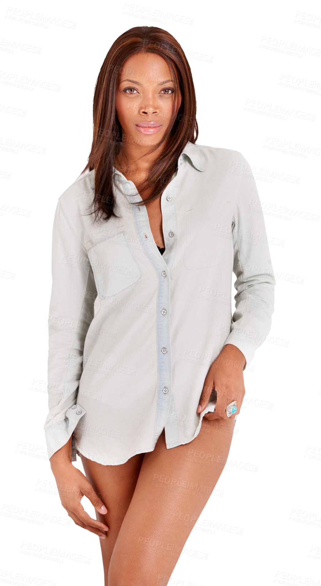 Buy stock photo Portrait, sexy and black woman with beauty, confident and model isolated on a transparent background. African lady, girl or female person with a shirt, beautiful and casual with fashion, style or png