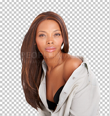 Buy stock photo African woman, portrait and relax in lingerie, underwear and bra with shirt on transparent, isolated or png background. Natural beauty, confidence and face of model with sexy fashion or style