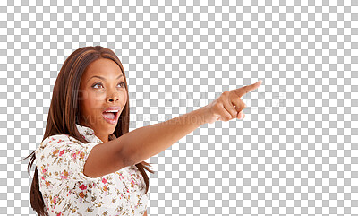 Buy stock photo Black woman, surprise or pointing to sale offer, promotion or discount deal isolated on png background. Transparent, wow or excited person shocked by information, choice or advertising announcement