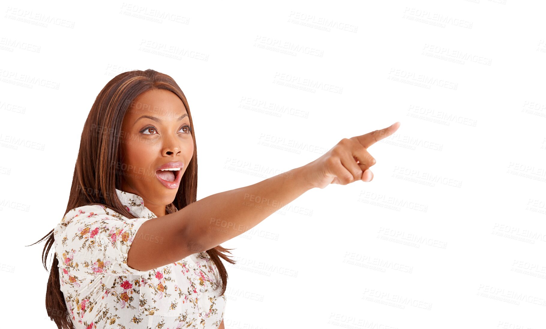 Buy stock photo Black woman, surprise or pointing to sale offer, promotion or discount deal isolated on png background. Transparent, wow or excited person shocked by information, choice or advertising announcement