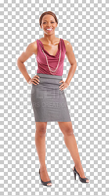 Buy stock photo Business woman, fashion and style portrait with confidence and pride for professional career. Happy African female person isolated on a transparent, png background for corporate or formal clothes