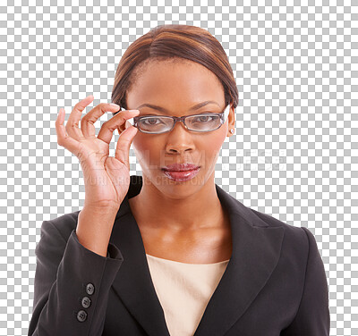 Buy stock photo Businesswoman, glasses or portrait of eye care, vision or eyesight isolated on transparent png background. Manager, confident or face of professional black woman with prescription lenses for wellness