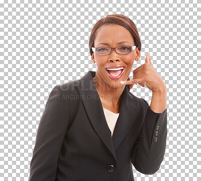 Buy stock photo Call me, business woman and hand sign for communication, corporate support, chat and phone emoji. Excited portrait of african person for contact us service isolated on PNG, transparent background