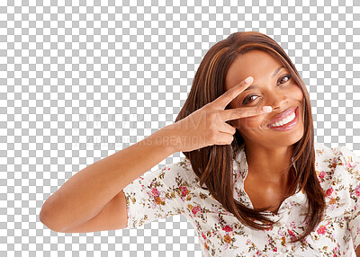 Buy stock photo Portrait, peace sign and black woman, smile and isolated on a transparent png background. Face, v hand and happy African person with emoji for victory, success and gesture of achievement or winner