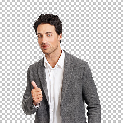 Buy stock photo Fashion, thumbs up and portrait of man with thank you, yes and accept hand gesture isolated in transparent or png background. Agreement, success and attractive young person with happy sign or symbol