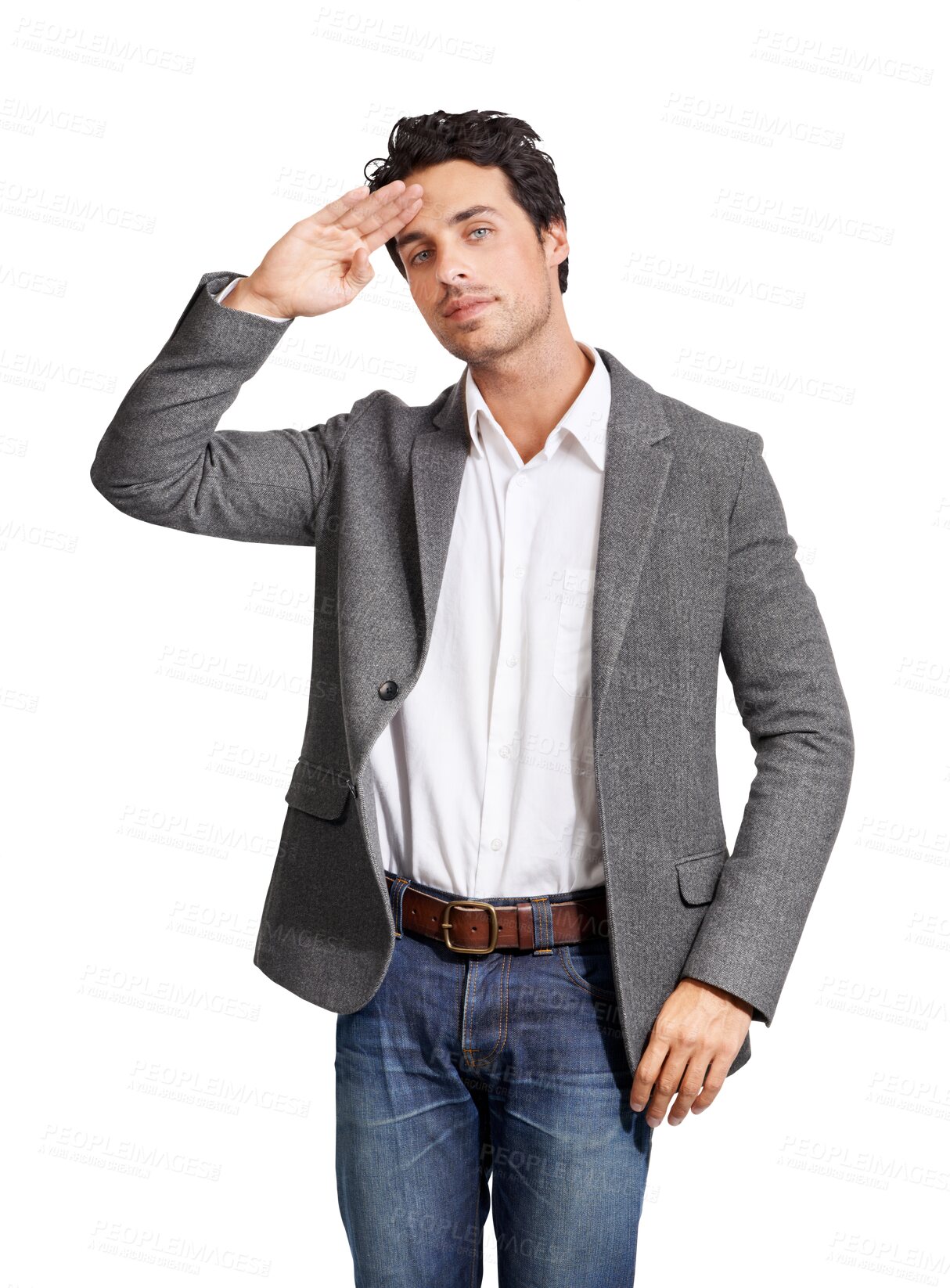 Buy stock photo Salute, greeting and portrait of businessman with respect or welcome hand gesture isolated in transparent or png background. Agreement, hallo and young employee or person honor sign or expression