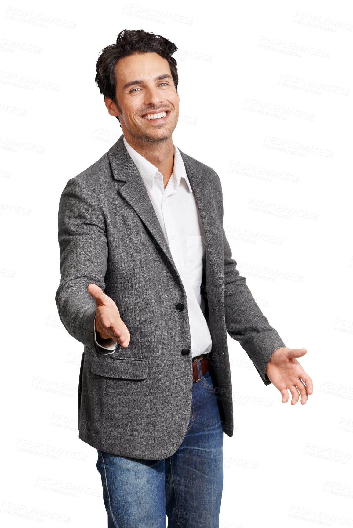 Buy stock photo Portrait, smile and handshake with a business man isolated on a transparent background to welcome a professional. Meeting, thank you and b2b with a happy male employee shaking hands for a deal on PNG