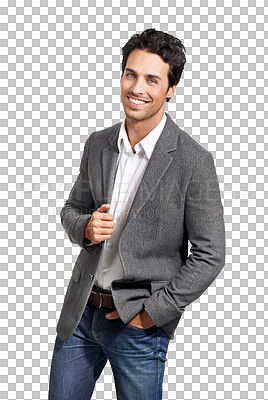 Buy stock photo Fashion portrait, happy and man in suit isolated on a transparent png background. Business, smile and person, professional and consultant worker in clothes, jeans and confidence in style in Italy