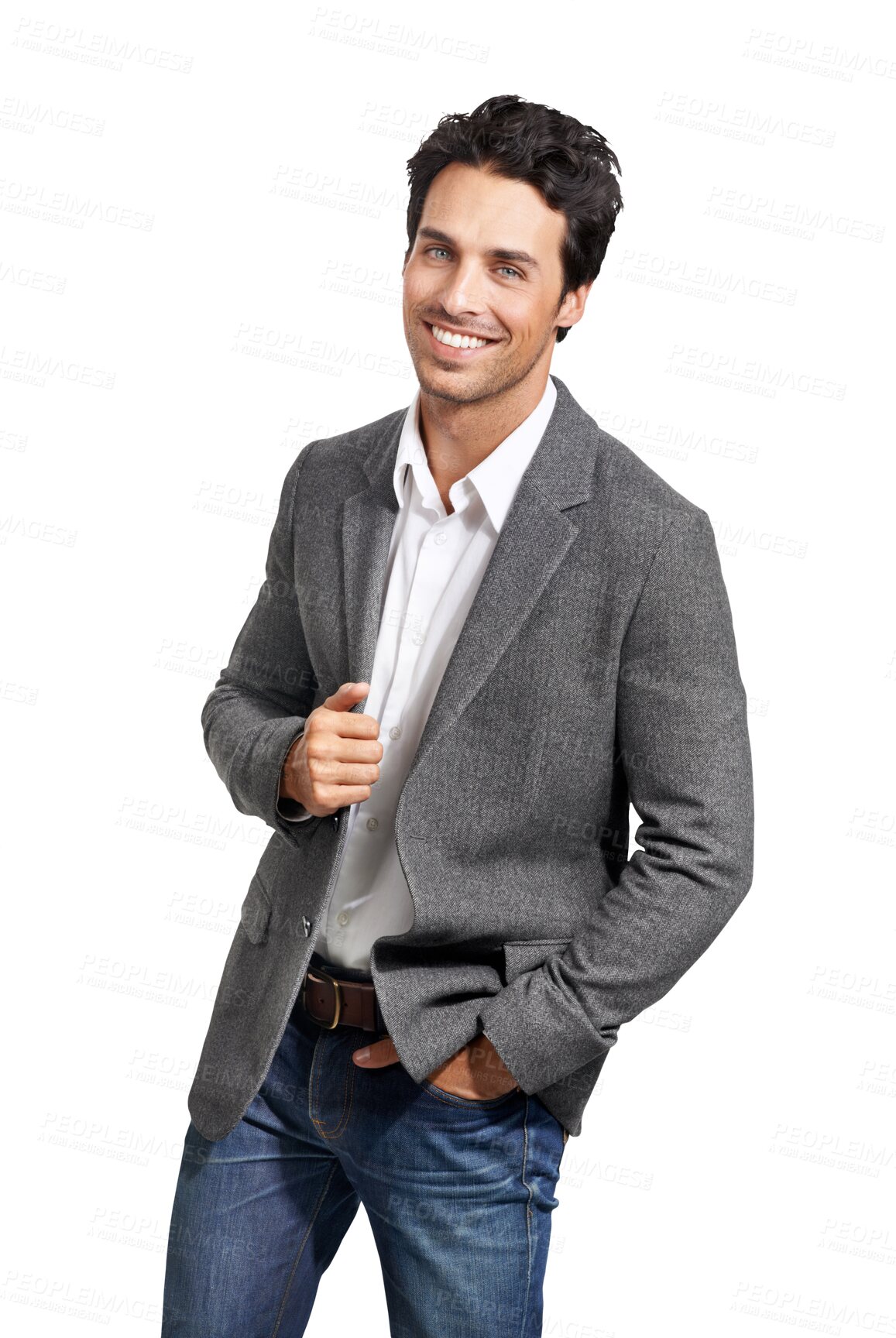 Buy stock photo Fashion portrait, happy and man in suit isolated on a transparent png background. Business, smile and person, professional and consultant worker in clothes, jeans and confidence in style in Italy