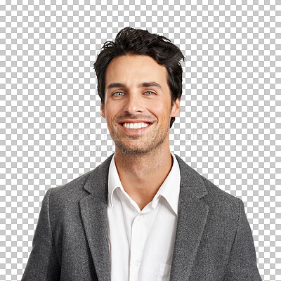 Buy stock photo Smile, fashion and face of man in suit isolated on a transparent png background. Business, happy portrait and person, professional and consultant worker in clothes, confidence and style in italy