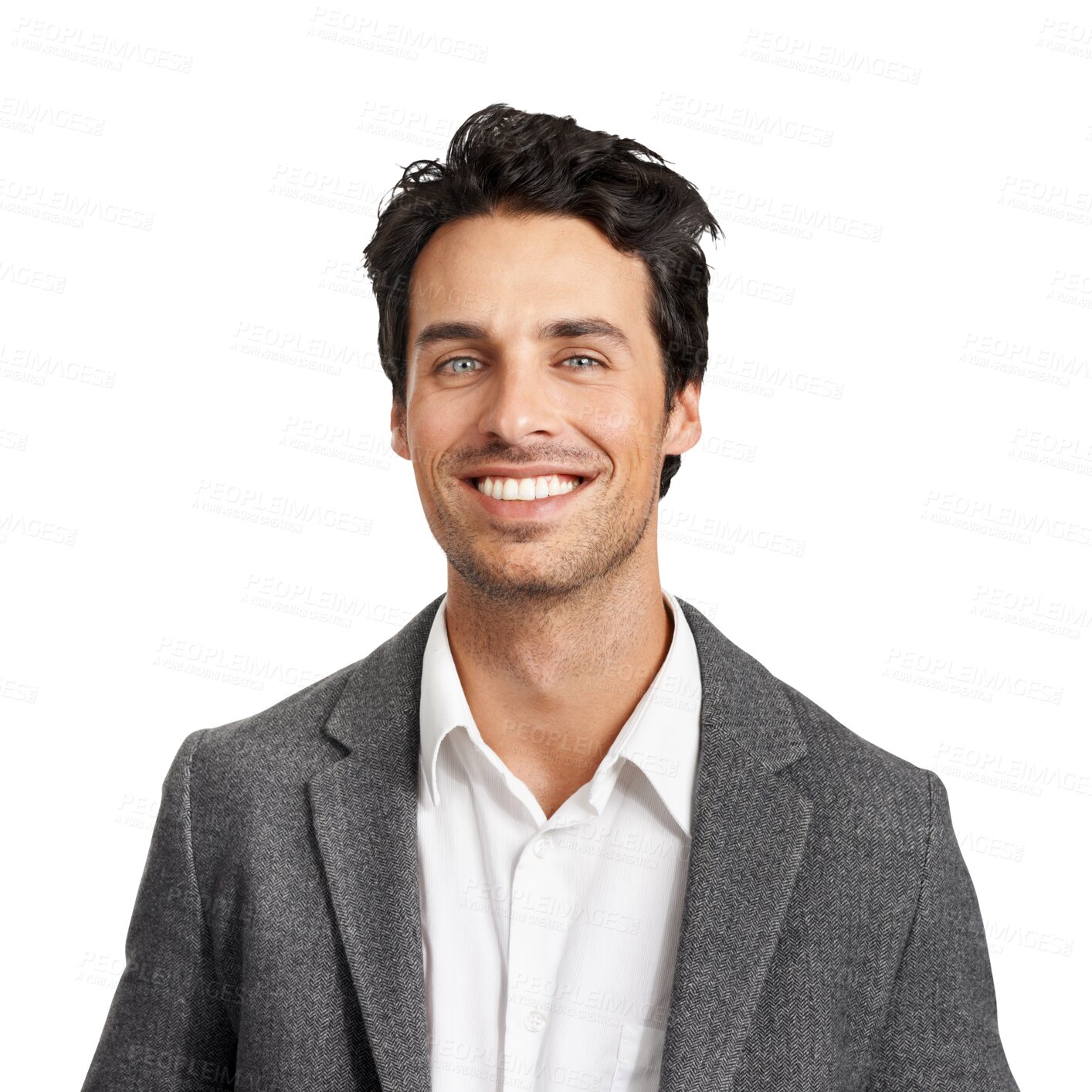 Buy stock photo Smile, fashion and face of man in suit isolated on a transparent png background. Business, happy portrait and person, professional and consultant worker in clothes, confidence and style in italy