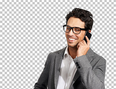 Buy stock photo Phone call, happy and business man talking isolated on a transparent png background. Smartphone, smile or handsome professional in chat, conversation or communication, discussion and contact speaking