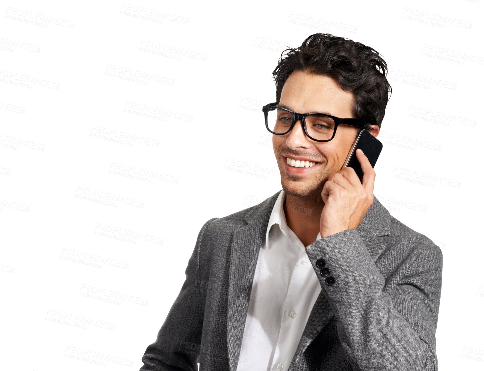 Buy stock photo Phone call, happy and business man talking isolated on a transparent png background. Smartphone, smile or handsome professional in chat, conversation or communication, discussion and contact speaking