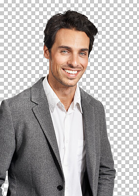 Buy stock photo Smile, fashion portrait and man in suit isolated on a transparent png background. Business, happy face and person, professional and consultant worker in clothes, confidence and style in Italy