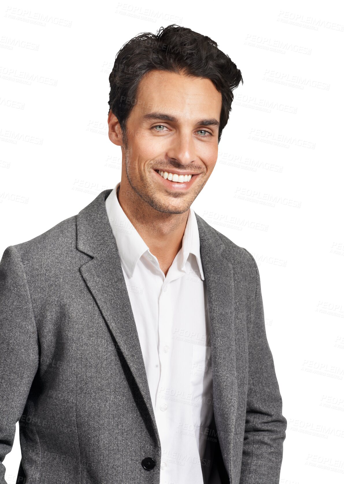 Buy stock photo Smile, fashion portrait and man in suit isolated on a transparent png background. Business, happy face and person, professional and consultant worker in clothes, confidence and style in Italy