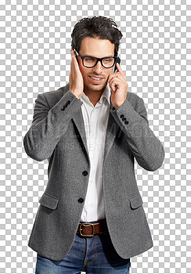 Buy stock photo Phone call, business man and listening to communication, chat or conversation. Corporate male person isolated on a transparent, png background with a smartphone and hearing or connection issue