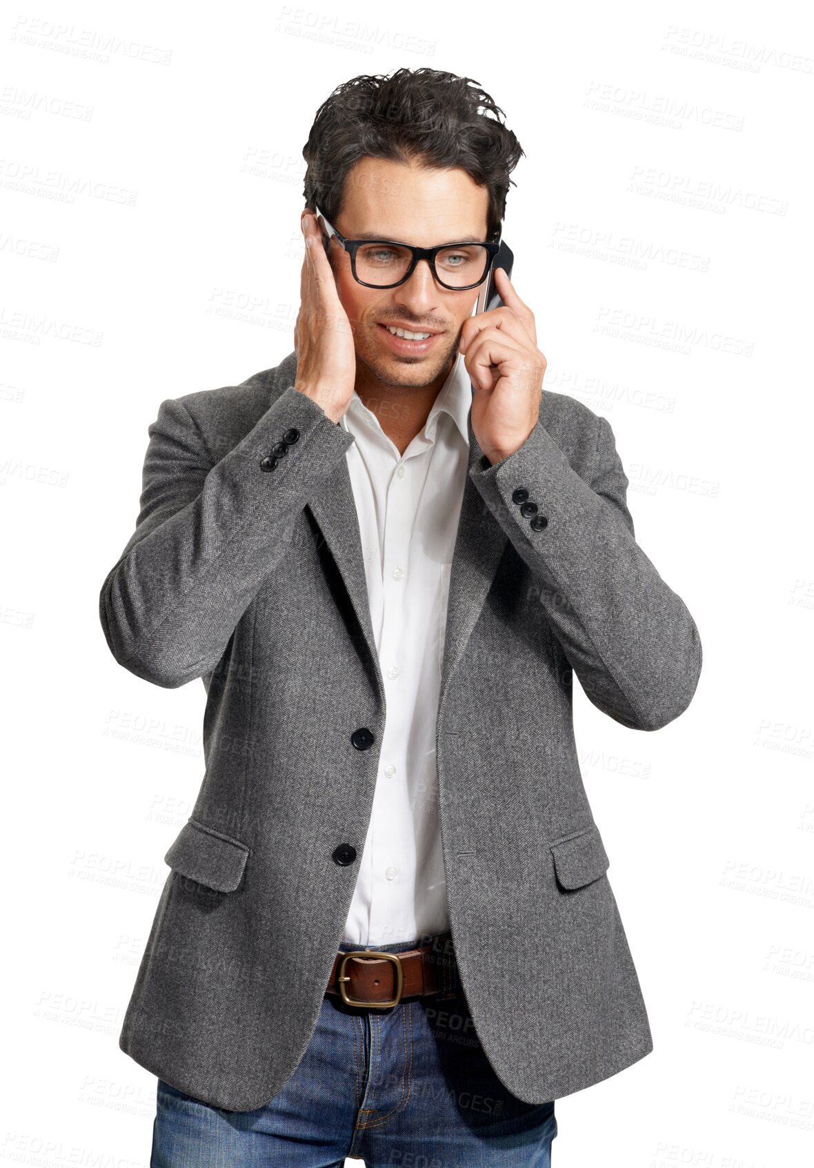 Buy stock photo Phone call, business man and listening to communication, chat or conversation. Corporate male person isolated on a transparent, png background with a smartphone and hearing or connection issue