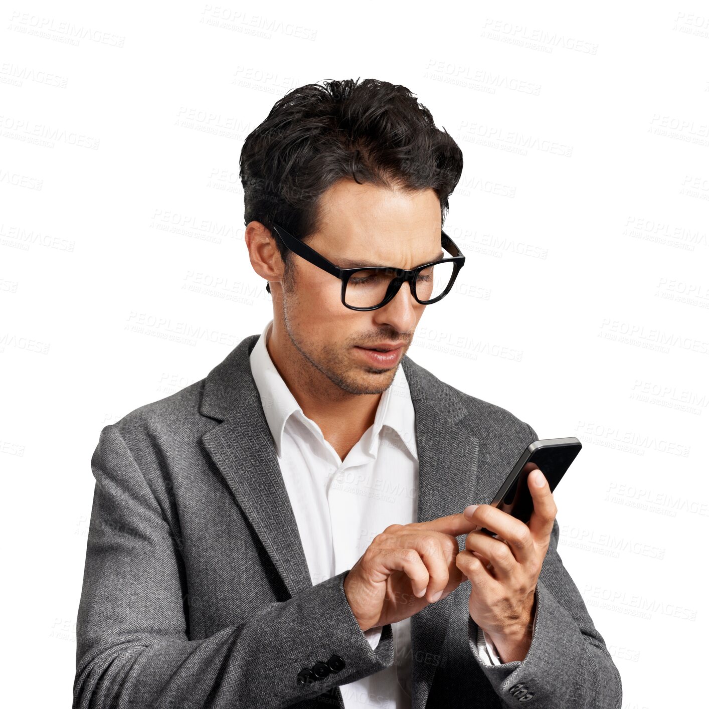 Buy stock photo Business man, phone and serious while typing communication or chat. Corporate male person isolated on a transparent, png background with a smartphone and social media, email or connection issue