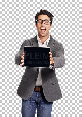 Buy stock photo Portrait, tablet and nerd with an IT support man isolated on a transparent background for website promotion. Technology, research or programming with a happy male geek on PNG for software development