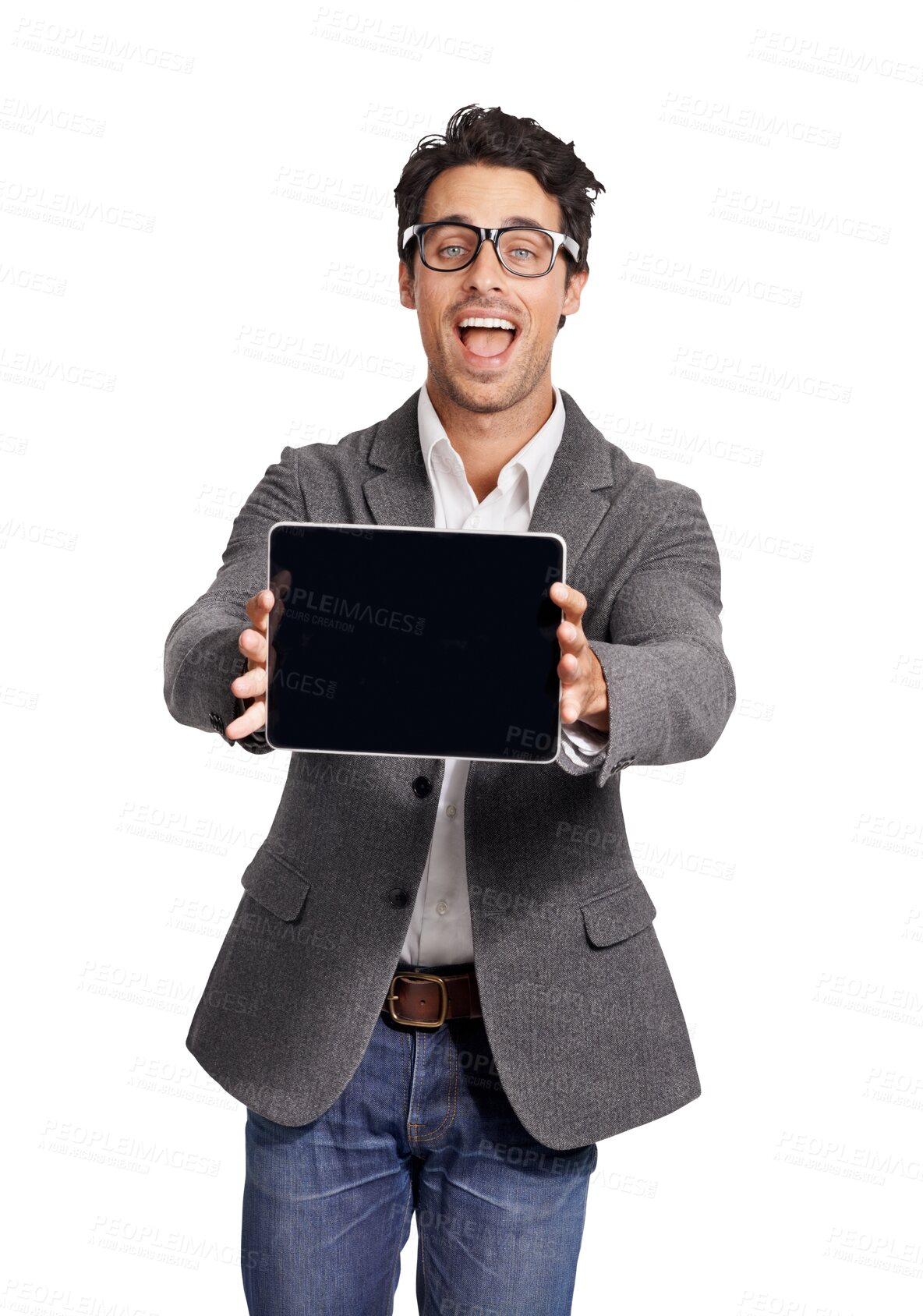 Buy stock photo Portrait, tablet and nerd with an IT support man isolated on a transparent background for website promotion. Technology, research or programming with a happy male geek on PNG for software development