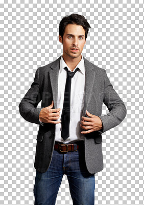 Buy stock photo Fashion portrait, confidence and man in suit isolated on a transparent png background. Business, serious and person, professional and consultant worker in clothes, jeans and corporate style in Spain