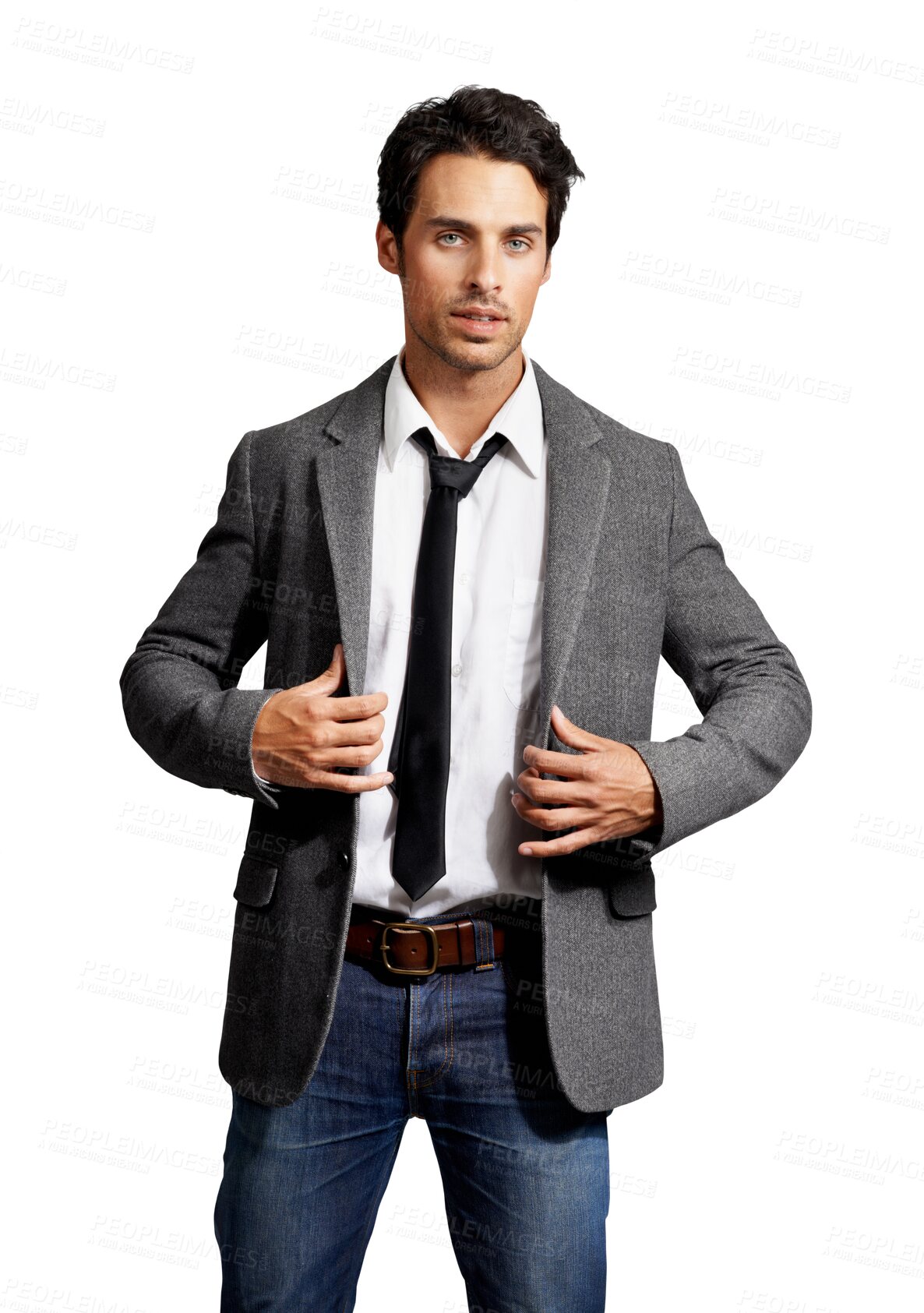 Buy stock photo Fashion portrait, confidence and man in suit isolated on a transparent png background. Business, serious and person, professional and consultant worker in clothes, jeans and corporate style in Spain